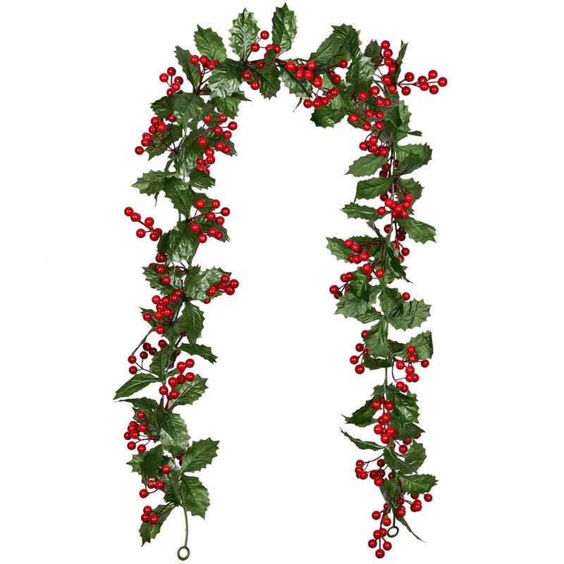 Lvydec Red Berry Garland Christmas Decoration 58ft Artificial Greenery Garland with Red Berries and Holly Leaves for Holiday Fireplace Mantel Table Decorations