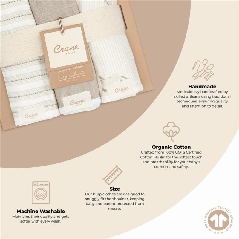 Crane Baby Organic Muslin Baby Burp Cloths, 3-Pack, 100% GOTS Organic Cotton, Absorbent, Lightweight, Machine Washable, Bunny - Image 2