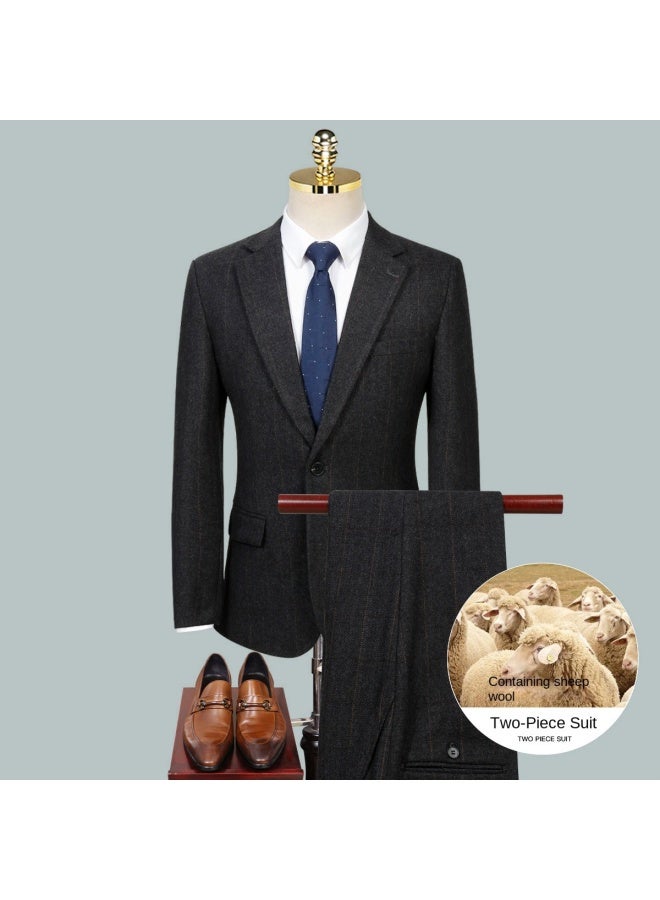 ROMON Wool】men's Suit Set, Business Commuting Vertical Stripe Wool Suit For Banquets And Weddings - Image 2