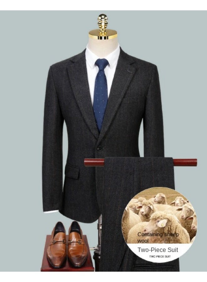 ROMON Wool】men's Suit Set, Business Commuting Vertical Stripe Wool Suit For Banquets And Weddings - Image 1