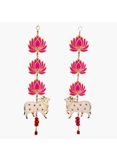 PRISCILLA Priscilla Handmade MDF Diamond Studded Cow Pichwai with Lotus Cutouts and Pom Poms Backdrop Decorative showpiece for Main Door Entrance Home Outdoor Indoor 1 Pair  - Image 1