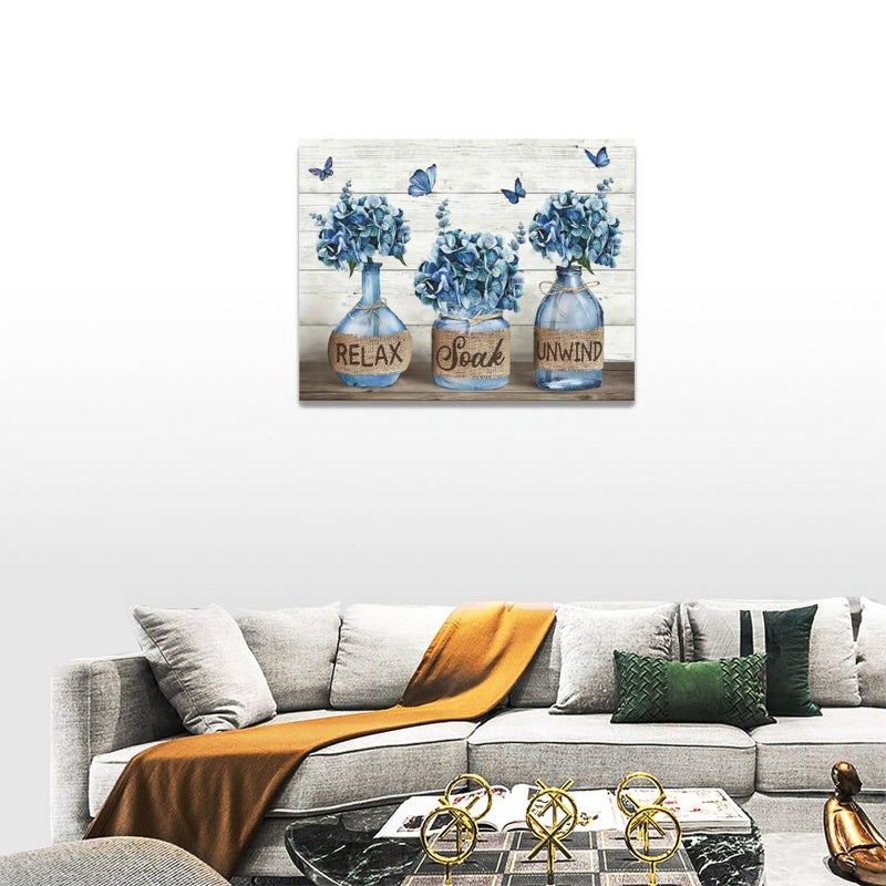 Tijuboni Farmhouse Bathroom Decor Wall Art Rustic Navy Blue Hydrangea Flower Pictures Canvas Prints Country Relax Soak Unwind Bathroom Sign Butterfly Artwork Modern Home Decor Ready to Hang 12"x16" - Image 3