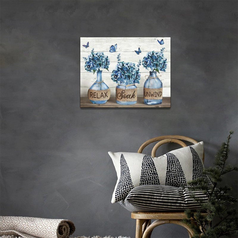 Tijuboni Farmhouse Bathroom Decor Wall Art Rustic Navy Blue Hydrangea Flower Pictures Canvas Prints Country Relax Soak Unwind Bathroom Sign Butterfly Artwork Modern Home Decor Ready to Hang 12"x16" - Image 5
