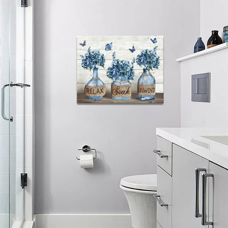Tijuboni Farmhouse Bathroom Decor Wall Art Rustic Navy Blue Hydrangea Flower Pictures Canvas Prints Country Relax Soak Unwind Bathroom Sign Butterfly Artwork Modern Home Decor Ready to Hang 12"x16" - Image 2