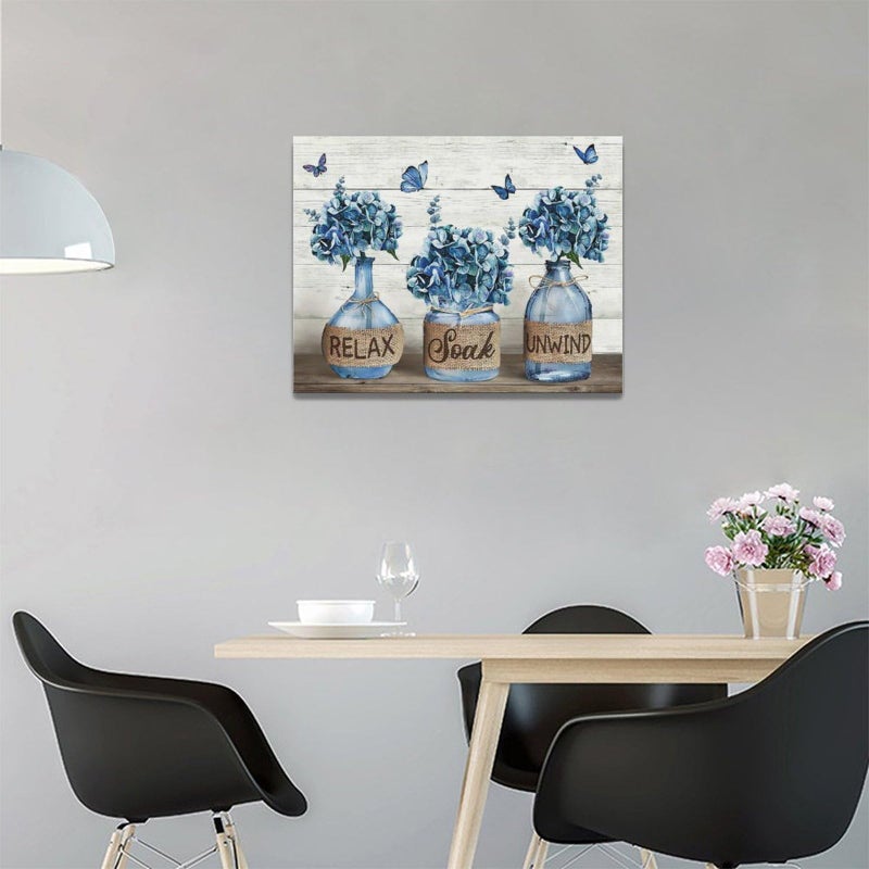 Tijuboni Farmhouse Bathroom Decor Wall Art Rustic Navy Blue Hydrangea Flower Pictures Canvas Prints Country Relax Soak Unwind Bathroom Sign Butterfly Artwork Modern Home Decor Ready to Hang 12"x16" - Image 4