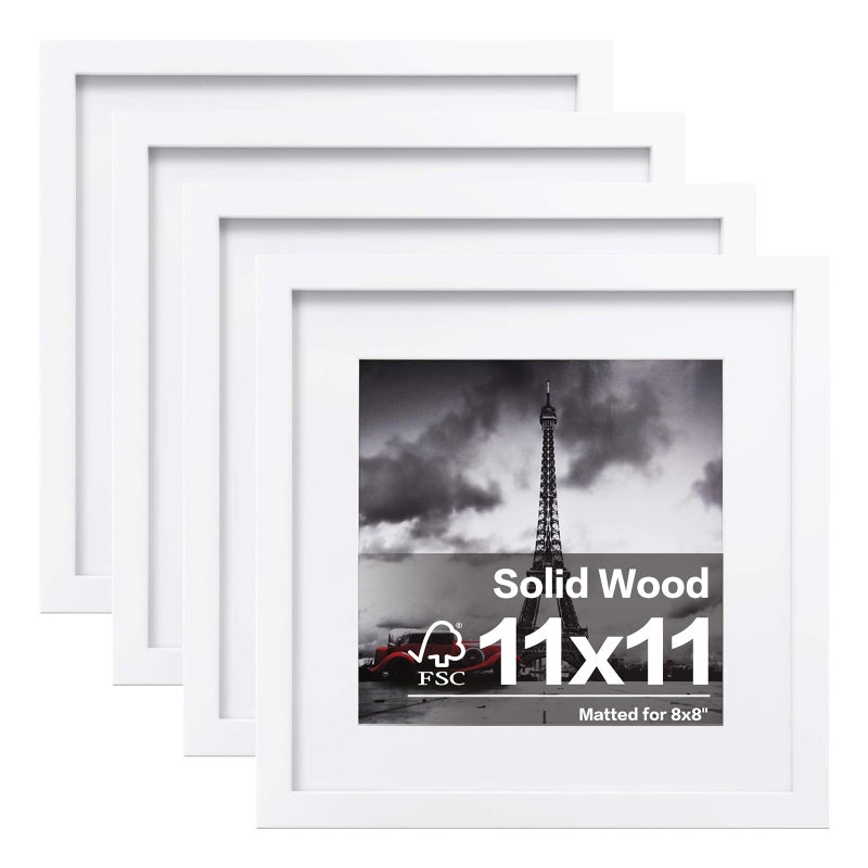 Egofine Egofine 11x11 Picture Frames 4 PCS Made of Solid Wood Covered by Plexiglass for Pictures 4x48x8 with Mat for Table Top Display and Wall Mounting Square Photo Frame White 