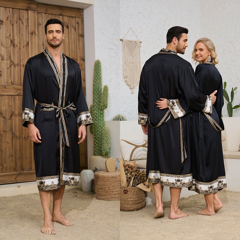 طقم روب وشورت رجالي بنمط باروكي ساتان بأكمام طويلة ورقبة V للمنزل - Image 1