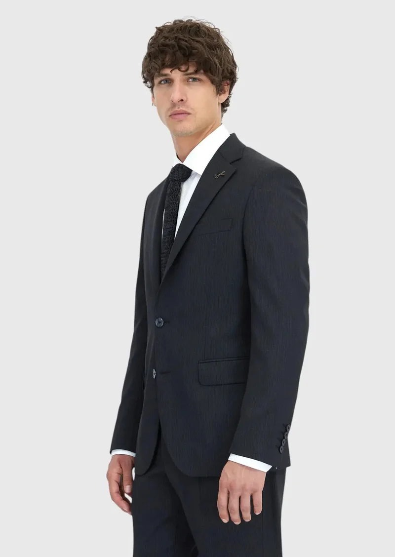 رامسي بدلة صوفية مخططة بقصة عصرية بلون الفحم الصلب