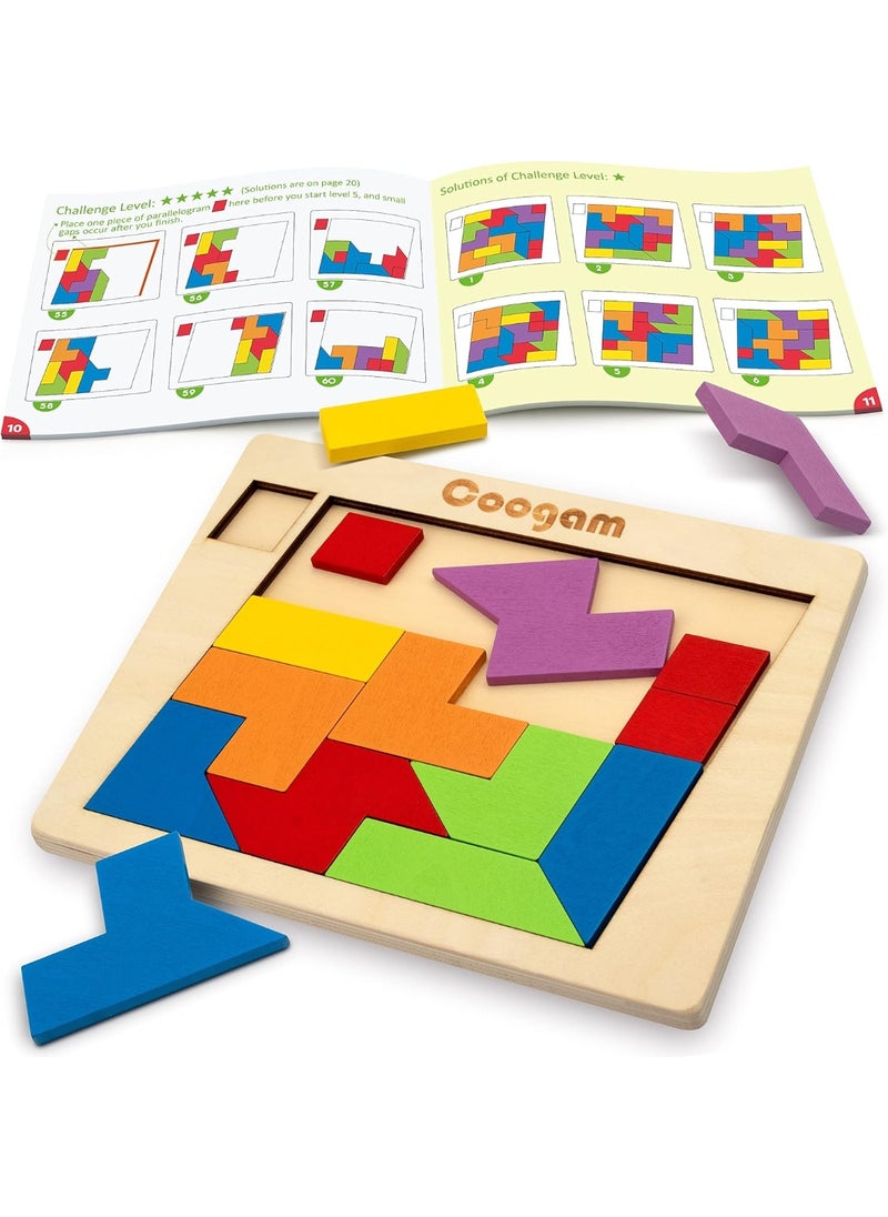 Coogam Wooden Puzzle Blocks Geometric Tangram Brain Teasers Jigsaw 3D Logic IQ Game Colorful Shape Pattern Montessori STEM Educational Toys Gift 60 Challenges for All Ages  - Image 1