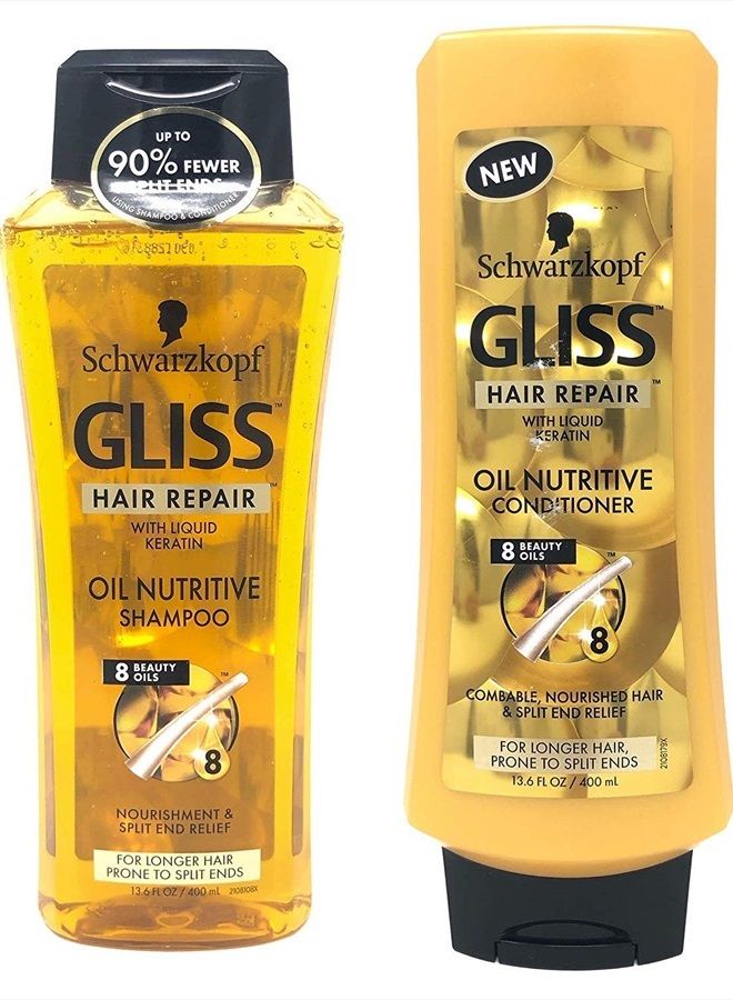 Gliss Hair Repair - Oil Nutritive for Hair Prone to Split Ends - Shampoo & Conditioner Set - Net Wt. 13.6 FL OZ (400 mL) Per Bottle - One Set - Image 1