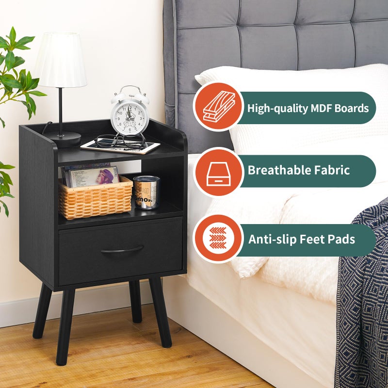 Yoobure Night Stand with Fabric Drawer, Modern Nightstand, Bedside Tables, Mid Century Nightstands with Open Storage Shelf, Wood Bedside Table, Small Night Stands for Bedrooms, 2-Tier Night Table - Image 3