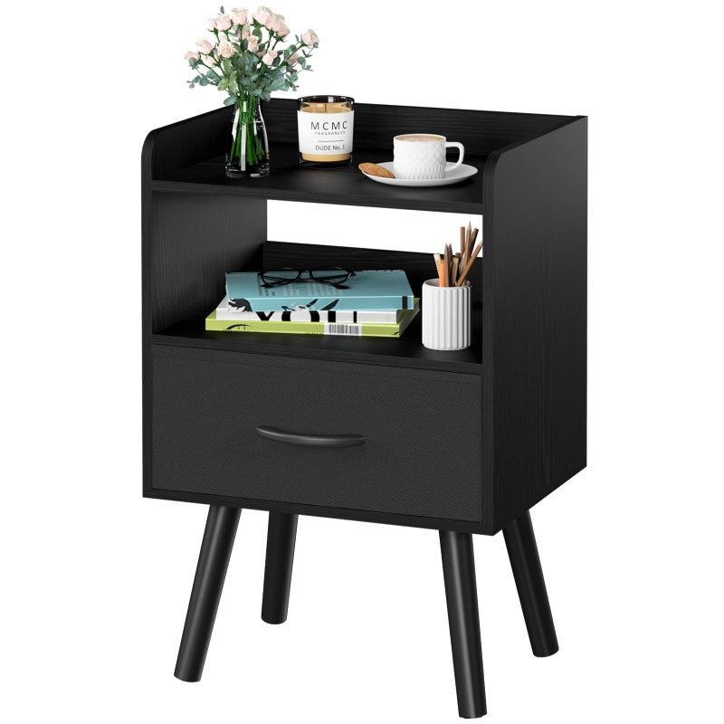 Yoobure Night Stand with Fabric Drawer, Modern Nightstand, Bedside Tables, Mid Century Nightstands with Open Storage Shelf, Wood Bedside Table, Small Night Stands for Bedrooms, 2-Tier Night Table - Image 1