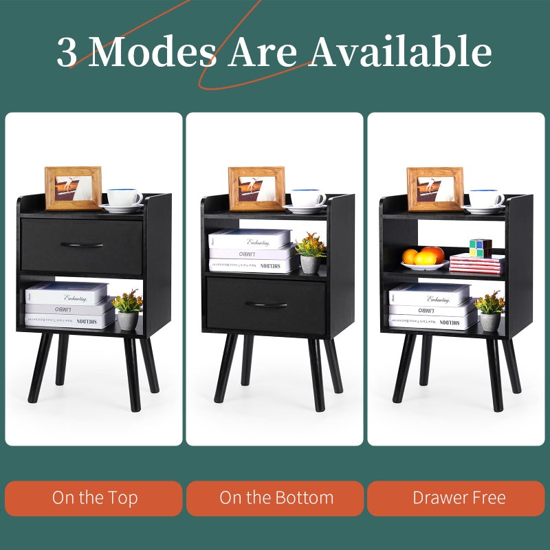 Yoobure Night Stand with Fabric Drawer, Modern Nightstand, Bedside Tables, Mid Century Nightstands with Open Storage Shelf, Wood Bedside Table, Small Night Stands for Bedrooms, 2-Tier Night Table - Image 4