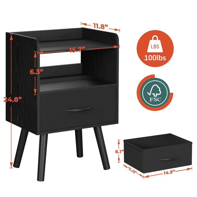 Yoobure Night Stand with Fabric Drawer, Modern Nightstand, Bedside Tables, Mid Century Nightstands with Open Storage Shelf, Wood Bedside Table, Small Night Stands for Bedrooms, 2-Tier Night Table - Image 2