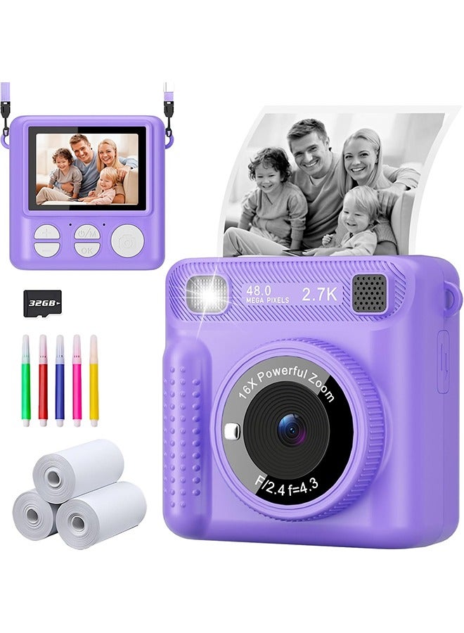 ERTYU Instant Print Camera for Kids,Instant Camera for Girls Boys,Kids Camera Toys for Toddler 1080P HD Selfie Digital Camera with Print Paper & 32G Card,Birthday Gifts for Girls Age 3-12 Years Old - Image 1