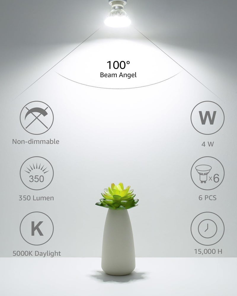 Lepro GU10 LED Light Bulbs Non-Dimmable, 5000K Daylight White GU10 Bulb Replacement for Recessed Track Lighting, 4W LED Bulbs with 100Â°Flood Beam for Kitchen, Range Hood, Living Room, Bedroom, 3 Pack - Image 2