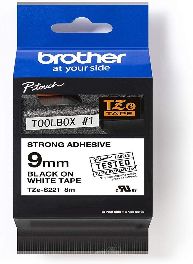 BROTHER Genuine TZe S221 Strong Adhesive Laminated Label Tape Black on White, 9mm wide, 8m long - Image 1
