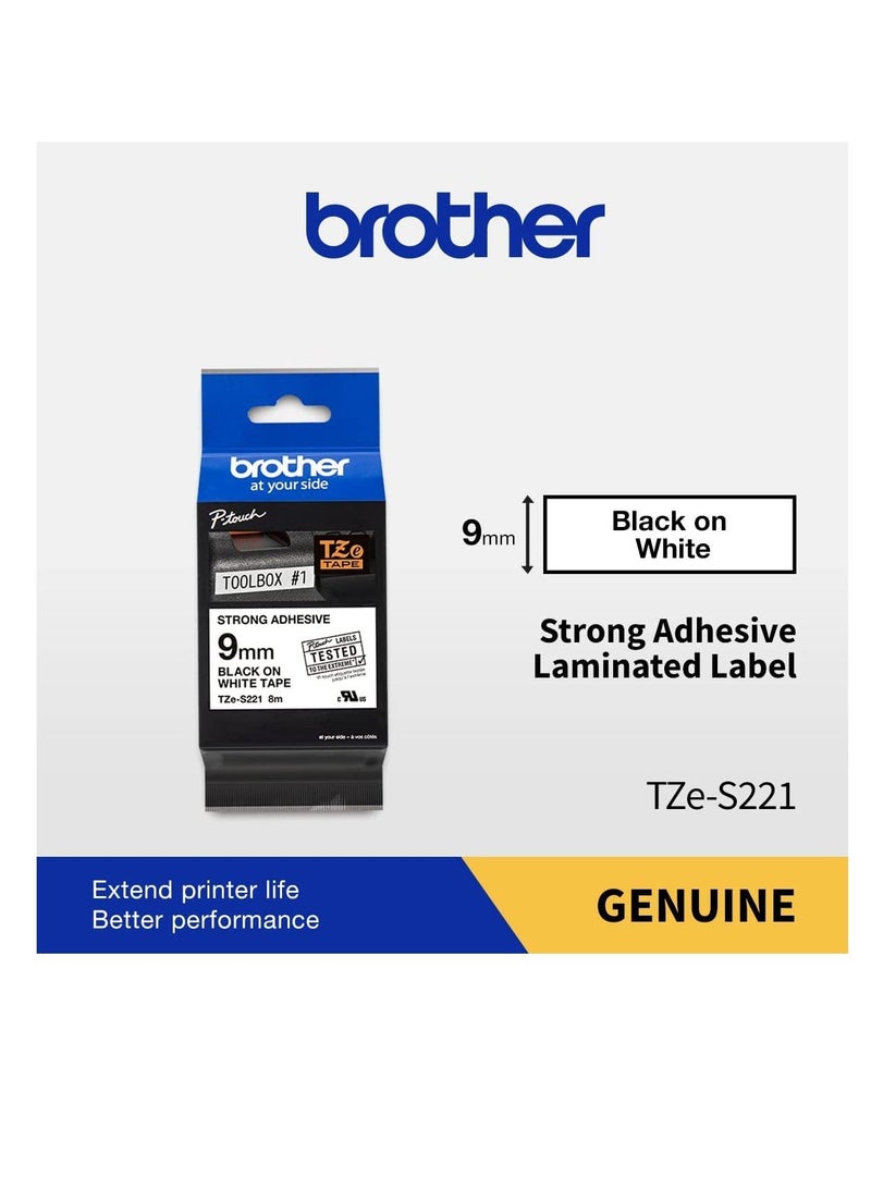 BROTHER Genuine TZe S221 Strong Adhesive Laminated Label Tape Black on White, 9mm wide, 8m long - Image 2