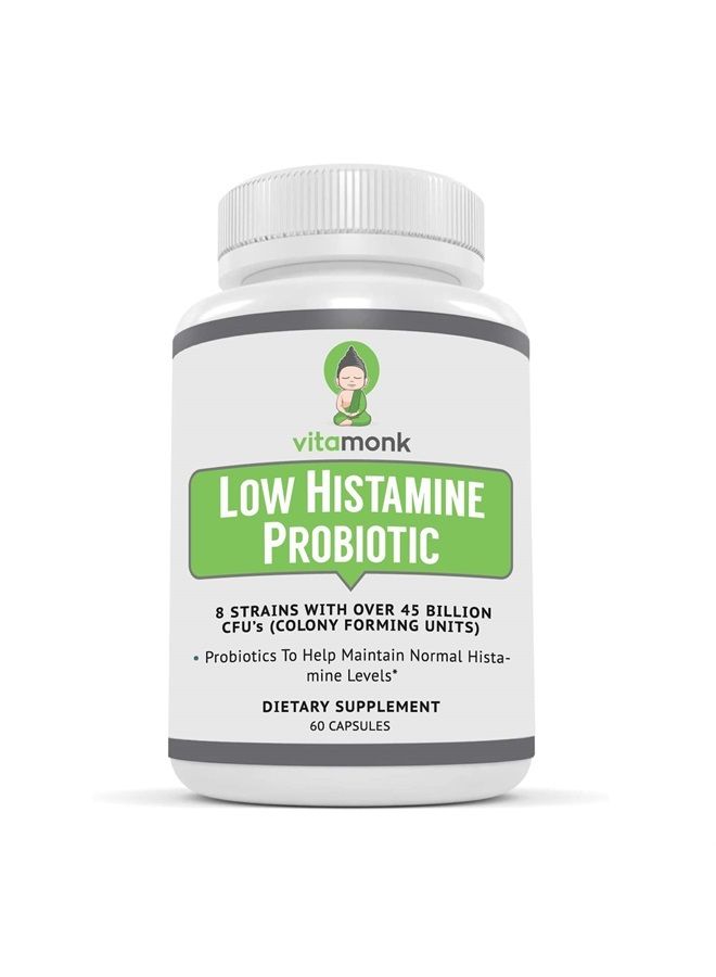 VitaMonk Low Histamine Probiotics Fight Histamine Intolerance and Support Balanced Gut Health - Histamine Free Probiotic for Those Seeking Health Improvements with Histamine Control -60 Capsules - Image 1