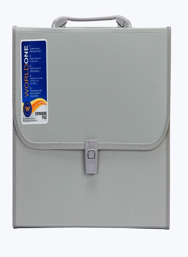 Worldone Expanding File Folder with Handle & Lock 13 Indexed Pocket for Documents Sorting Durable Long-Lasting PP 0.7 mm Outer Cover Sheet 0.2 mm Inner Partition Sheets, FC Size, Set of 1, Grey - Image 2