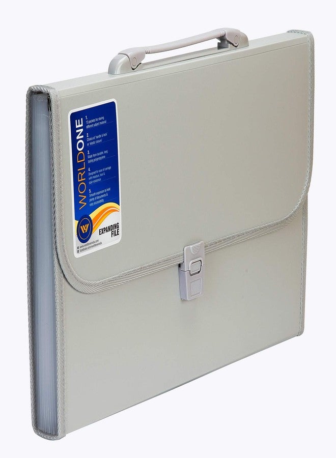 Worldone Expanding File Folder with Handle & Lock 13 Indexed Pocket for Documents Sorting Durable Long-Lasting PP 0.7 mm Outer Cover Sheet 0.2 mm Inner Partition Sheets, FC Size, Set of 1, Grey - Image 3