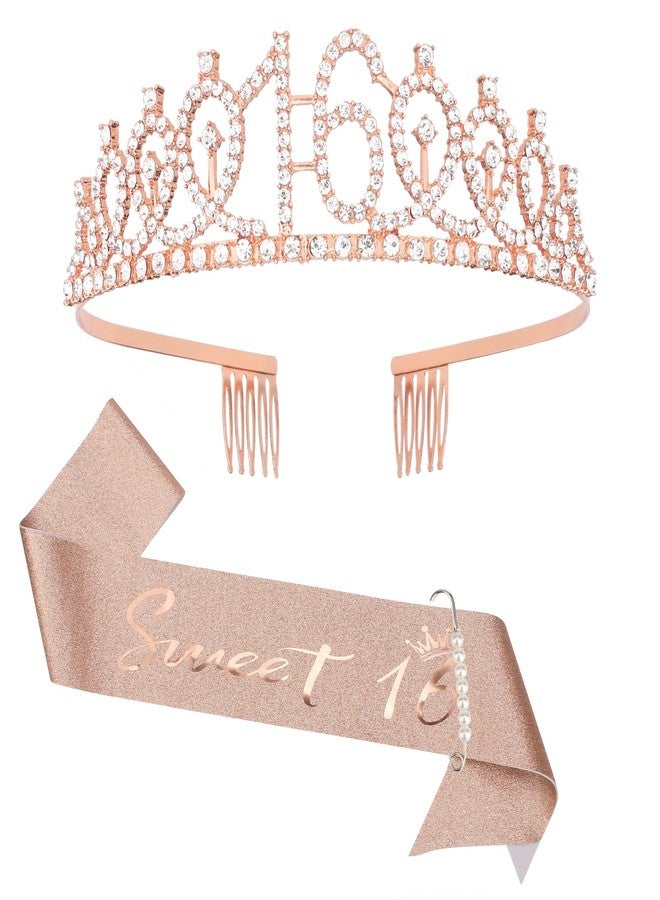 CIEHER 16th Birthday Crown & Sweet 16 Sash & Pearl Pin Set, Birthday Tiara and Crown for Girls, Birthday Girl Sash, Sweet 16 Birthday Decorations for Girls, Sweet Sixteen Gifts - Image 1