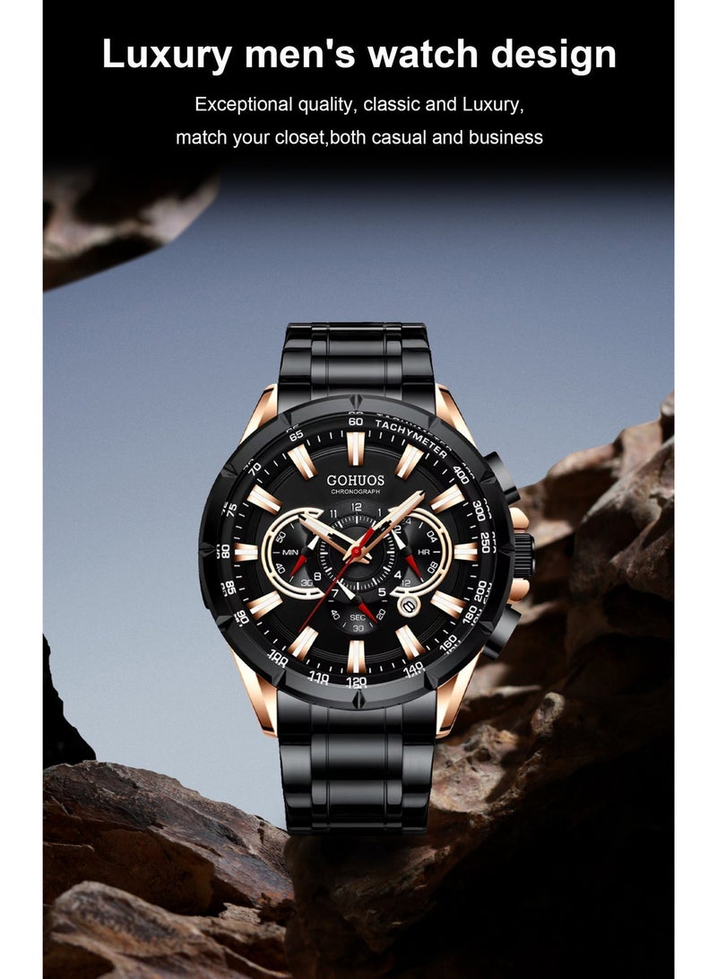 GOHUOS Men's Watch, Wrist Watch Men Waterproof Chronograph Military Army Analog Stainless Steel Male Clock Man Sport Watches - 48mm - Black - Image 5