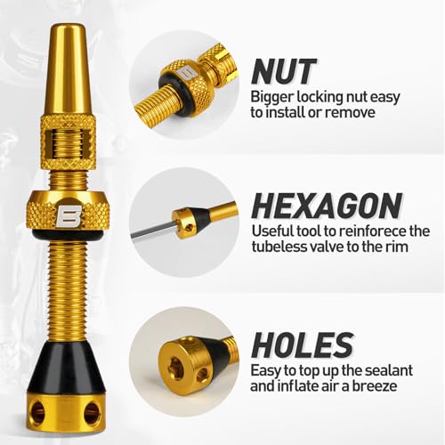 BWSHLF Tubeless Presta Valve Stem 40/44/55/60/65/80/100 mm, Super Light Alloy Presta Valve Stem Kit with Valve Core Remover Tool and Valve Stem Caps - Multiple Color and Size Options(Pair) - Image 2