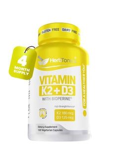 Herbtonics Immune System Support Vitamin K2 (MK7) with D3 5000 Iu Supplement + Bioperine (Black Pepper) | Strong Bones & Heart Health | K2 D3 Complex | Easy to Swallow 120 Veg Capsules  - Image 1
