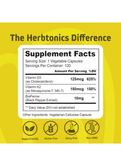 Herbtonics Immune System Support Vitamin K2 (MK7) with D3 5000 Iu Supplement + Bioperine (Black Pepper) | Strong Bones & Heart Health | K2 D3 Complex | Easy to Swallow 120 Veg Capsules  - Image 2