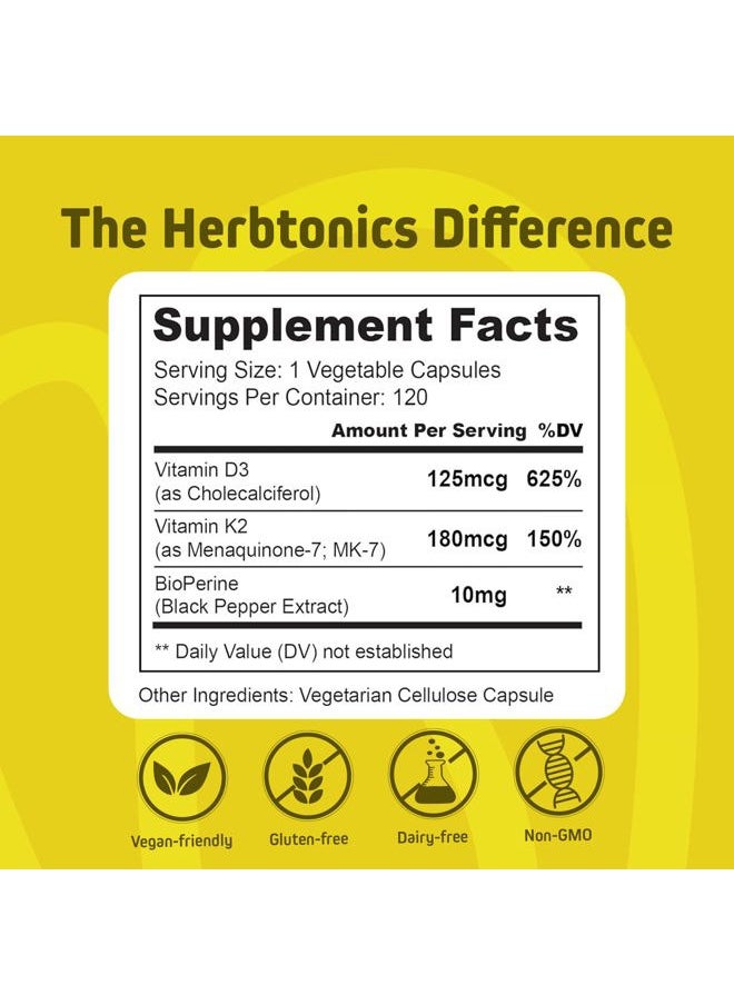 Herbtonics - Immune System Support Vitamin K2 (MK7) with D3 5000 Iu Supplement + Bioperine (Black Pepper) | Strong Bones & Heart Health | K2 D3 Complex | Easy to Swallow 120 Veg Capsules - Image 1