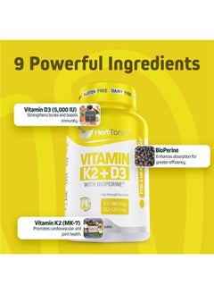 Herbtonics Immune System Support Vitamin K2 (MK7) with D3 5000 Iu Supplement + Bioperine (Black Pepper) | Strong Bones & Heart Health | K2 D3 Complex | Easy to Swallow 120 Veg Capsules  - Image 3