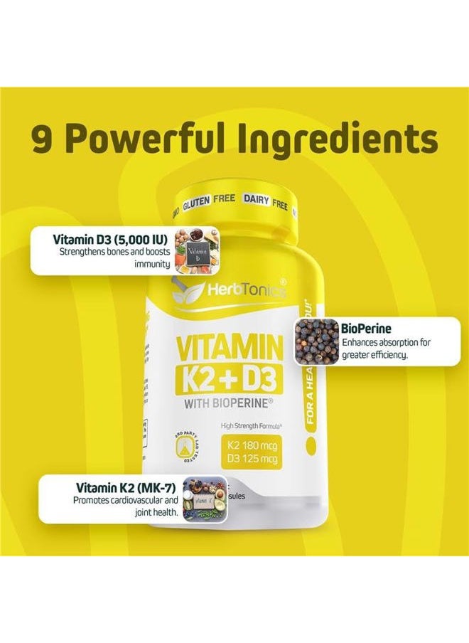 Herbtonics - Immune System Support Vitamin K2 (MK7) with D3 5000 Iu Supplement + Bioperine (Black Pepper) | Strong Bones & Heart Health | K2 D3 Complex | Easy to Swallow 120 Veg Capsules - Image 1