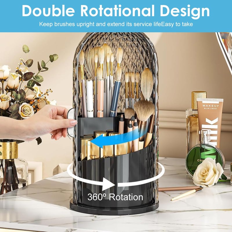 M'AYCREATE ® Makeup Brush Holder with Lid, 360 Rotating Makeup Brush Organiser Case, Clear Dustproof Skincare Cosmetic Tools Storage Organizer for Vanity Desktop Bathroom Countertop - Black - Image 4