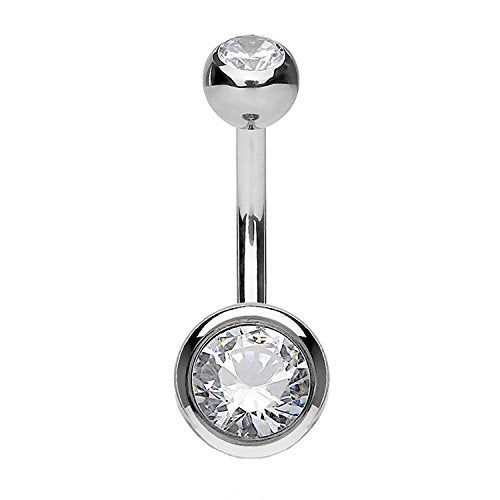 FIFTH CUE 14GA Solid G23 Implant Grade Titanium Internally Threaded Double Jeweled Belly Ring (EXTRA PETITE - 5/16" (8mm) | 4 & 6mm Balls) - Image 1