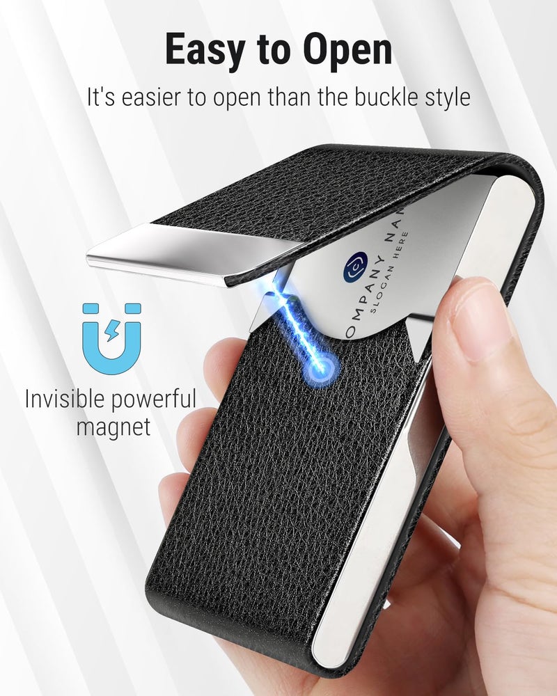 MaxGear Business Card Holder, PU Leather Business Card Case Pocket Card Holders for Men or Women, Metal Slim Name Card Holder RFID Blocking Business Card Carrier with Magnetic Closure, Black - Image 3