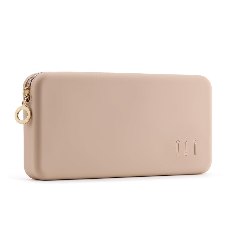FVION Zipper Makeup Brushes Bag For Travel, Large Silicone Makeup Brush Holder, Make Up Brushes Pouch Case for Makeup Tools - Khaki - Image 1