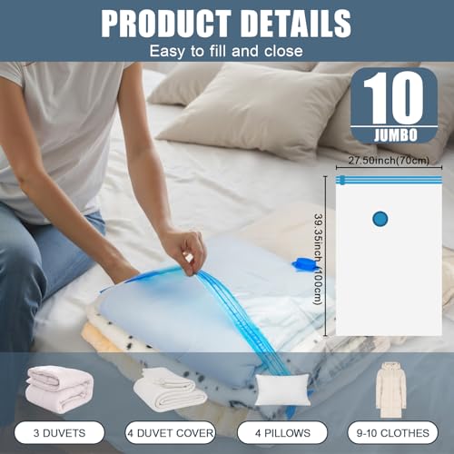 Besslly 10 Jumbo Vacuum Storage Bags, Vacuum Seal Bags for Clothing Space Saver Compression Storage Bag with Hand Pump Extra Large for Clothing Travel Comforters Blankets Pillow Bedding Duvets Clothes - Image 3