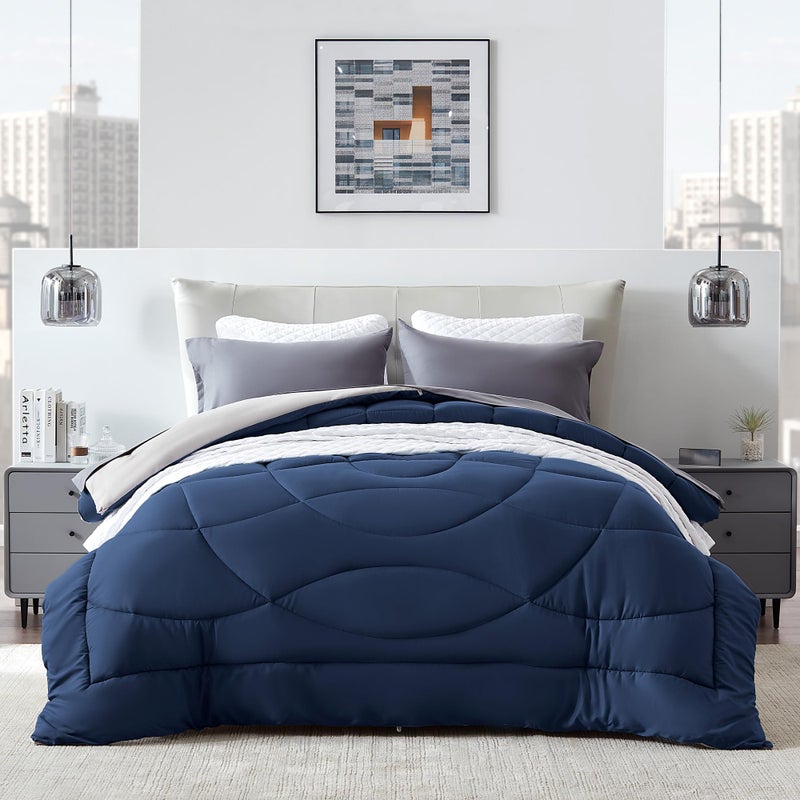 SLEEP ZONE Queen Comforter Duvet Insert Down Alternative Reversible Comforter Lightweight Soft and Breathable Bedding All Season A Side Navy  B Side Grey