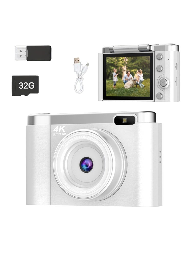 general Video Camera 64MP Student Digital Camera with 4K CCD Digital Zoom, Portable Digital Camera, Selfie Camera, Free 32GB SD Card and Card Reader(White） - Image 1