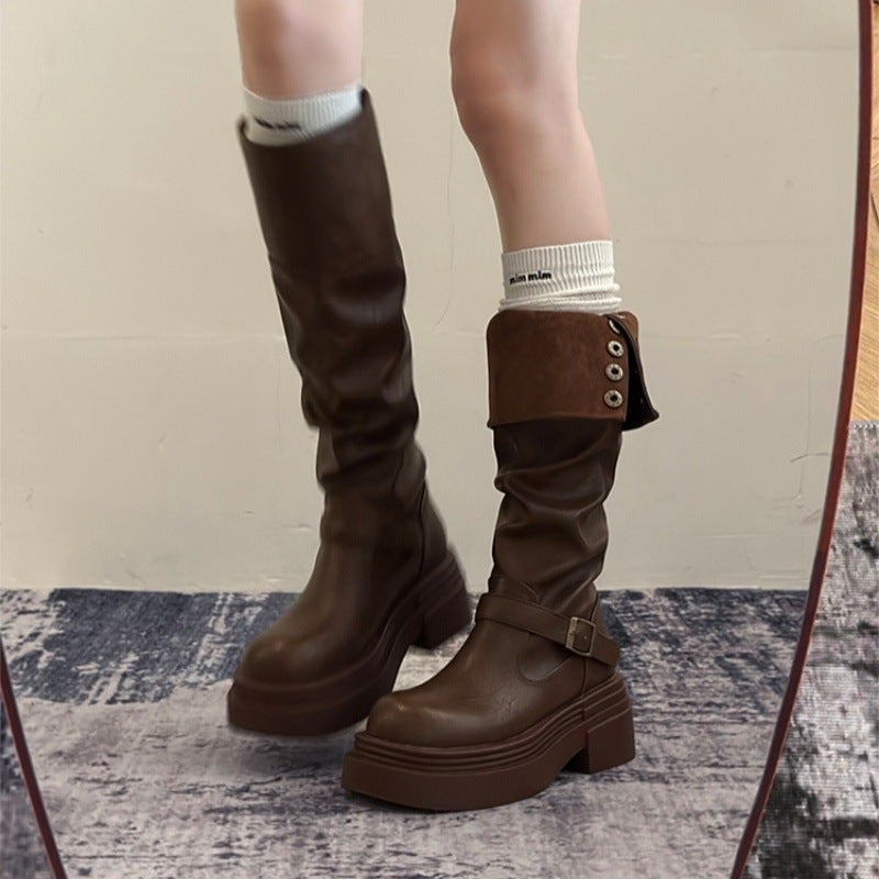 Brown Retro British Style Thick Heel Thick Sole Boots For Women Spring And Autum Slim Boots Knight Boots - Image 3