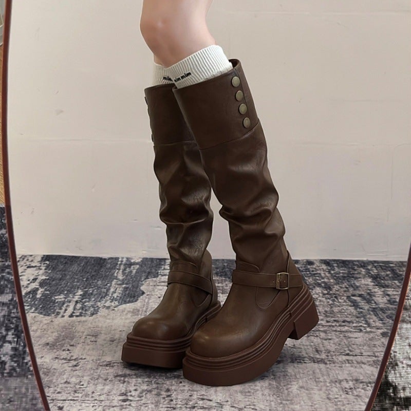 Brown Retro British Style Thick Heel Thick Sole Boots For Women Spring And Autum Slim Boots Knight Boots - Image 2