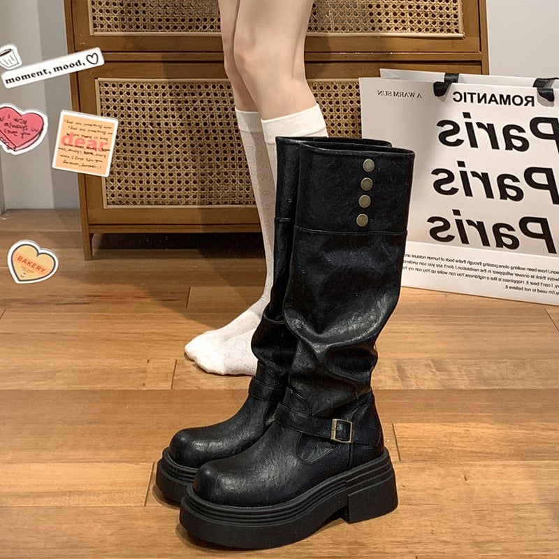 Brown Retro British Style Thick Heel Thick Sole Boots For Women Spring And Autum Slim Boots Knight Boots - Image 5