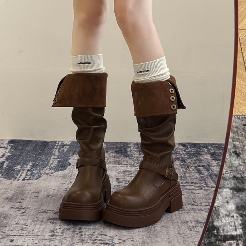 Brown Retro British Style Thick Heel Thick Sole Boots For Women Spring And Autum Slim Boots Knight Boots - Image 4