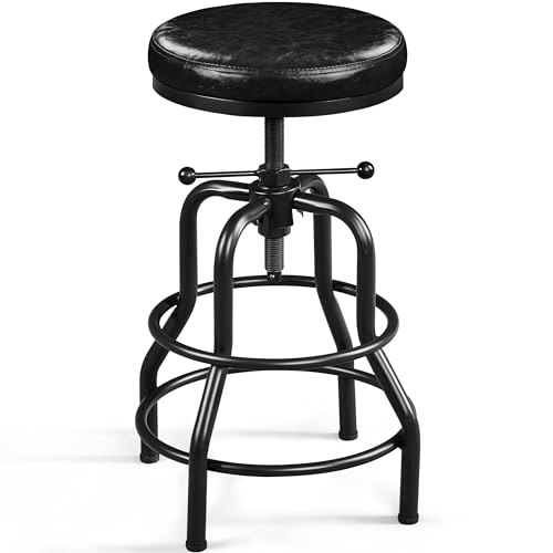 Yaheetech Industrial Height Adjustable Bar Stools Rustic Kitchen Barstool 545715 cm Chairs Round with Faux Leather Seat Footrest Stool for Kitchen Counter Home Bar Black 1PCS