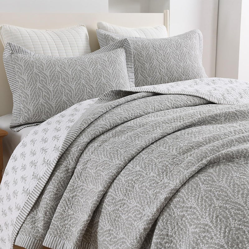 SahSahCasa Quilt Set Queen Size 100 Cotton Quilt Bedding Set Bedspread Botanical Pattern Solid Color Chic Lightweight Quilted Comforter for Queen Bed WhiteGray All Season 3 Pieces