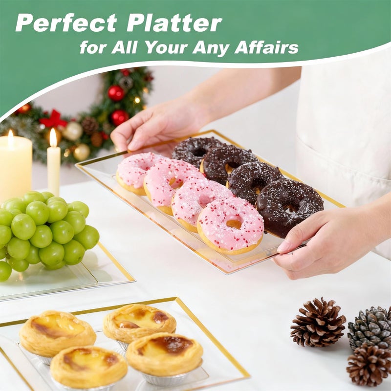 FOCUSLINE 8 PCS Plastic Serving Trays for Party, Clear and Gold Rim Serving Platters and Trays, Premium Plastic Fruit Tray, Disposable Platters for Cupcake, Dessert, Appetizers - Image 5