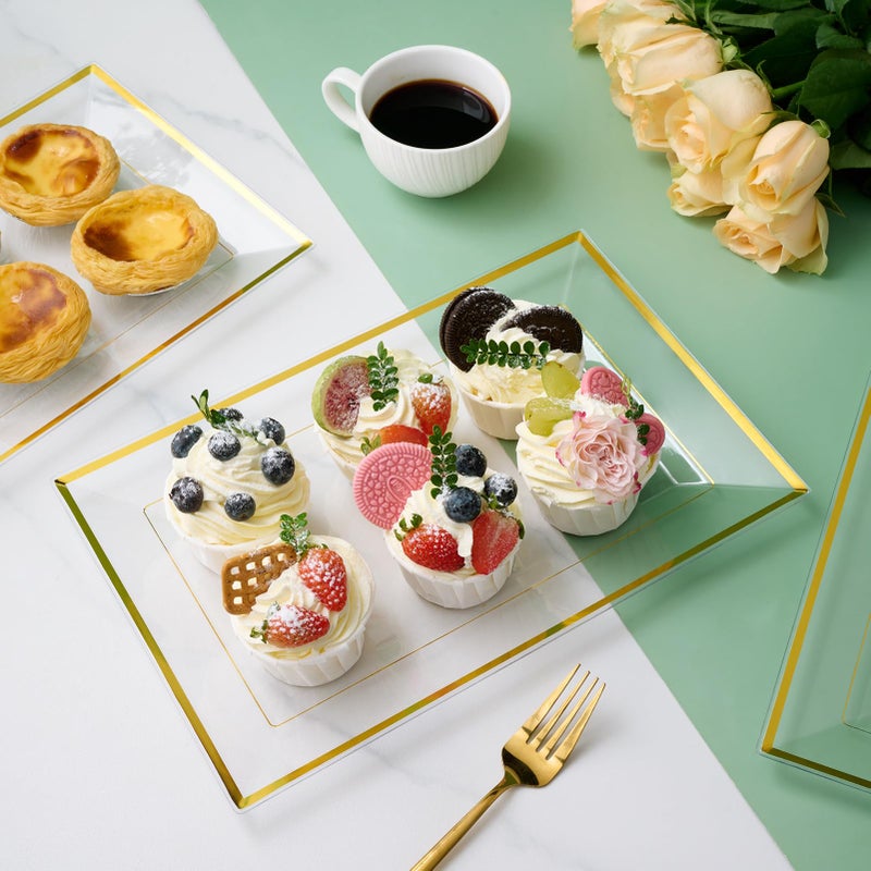 FOCUSLINE 8 PCS Plastic Serving Trays for Party, Clear and Gold Rim Serving Platters and Trays, Premium Plastic Fruit Tray, Disposable Platters for Cupcake, Dessert, Appetizers - Image 2