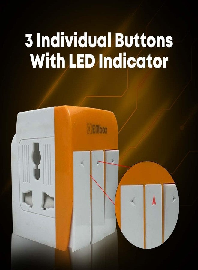 EMBOX 3 Pin Multi Plug Adapter with Individual Switch 3 Pin Plug Socket Safety Shutter Spike Buster Fuse Protected Adapter 3 Way Plug Extension for Home Office Travel-5A-250V, Pack of 1 Orange - Image 3