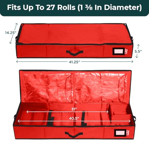 HOLDN’ STORAGE Premium Wrapping Paper Storage Container -Durable Material 600D tear-proof - Fits up to 27 Paper Rolls -Extra Pockets for Ribbons & Bows. Underbed Gift Wrap Organizer, Ideal for Holiday Christmas, etc - Image 3